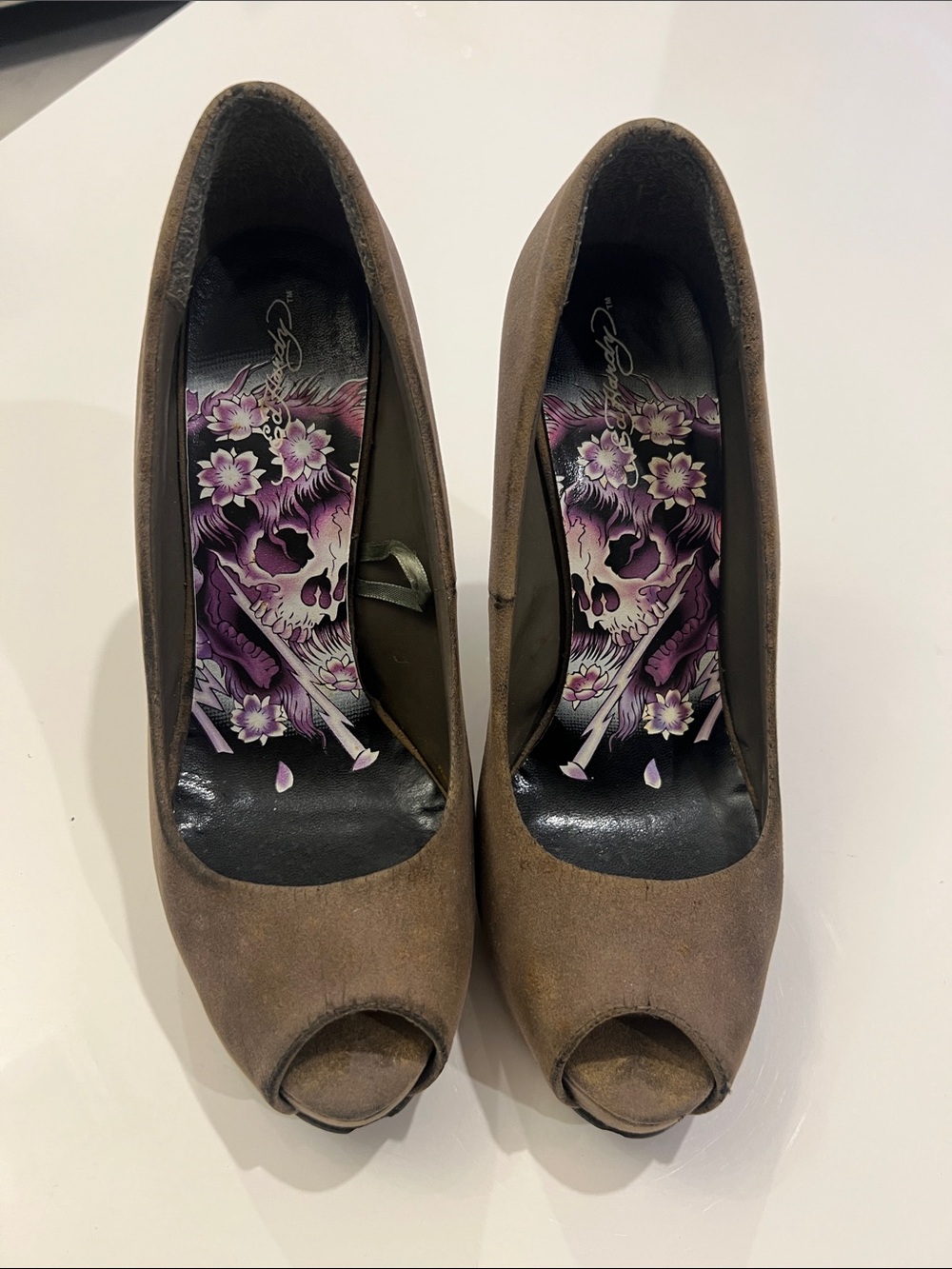 Ed Hardy Taupe Suede Peep-Toe Wedge Pumps with Crystal Heel - Picture 9 of 9
